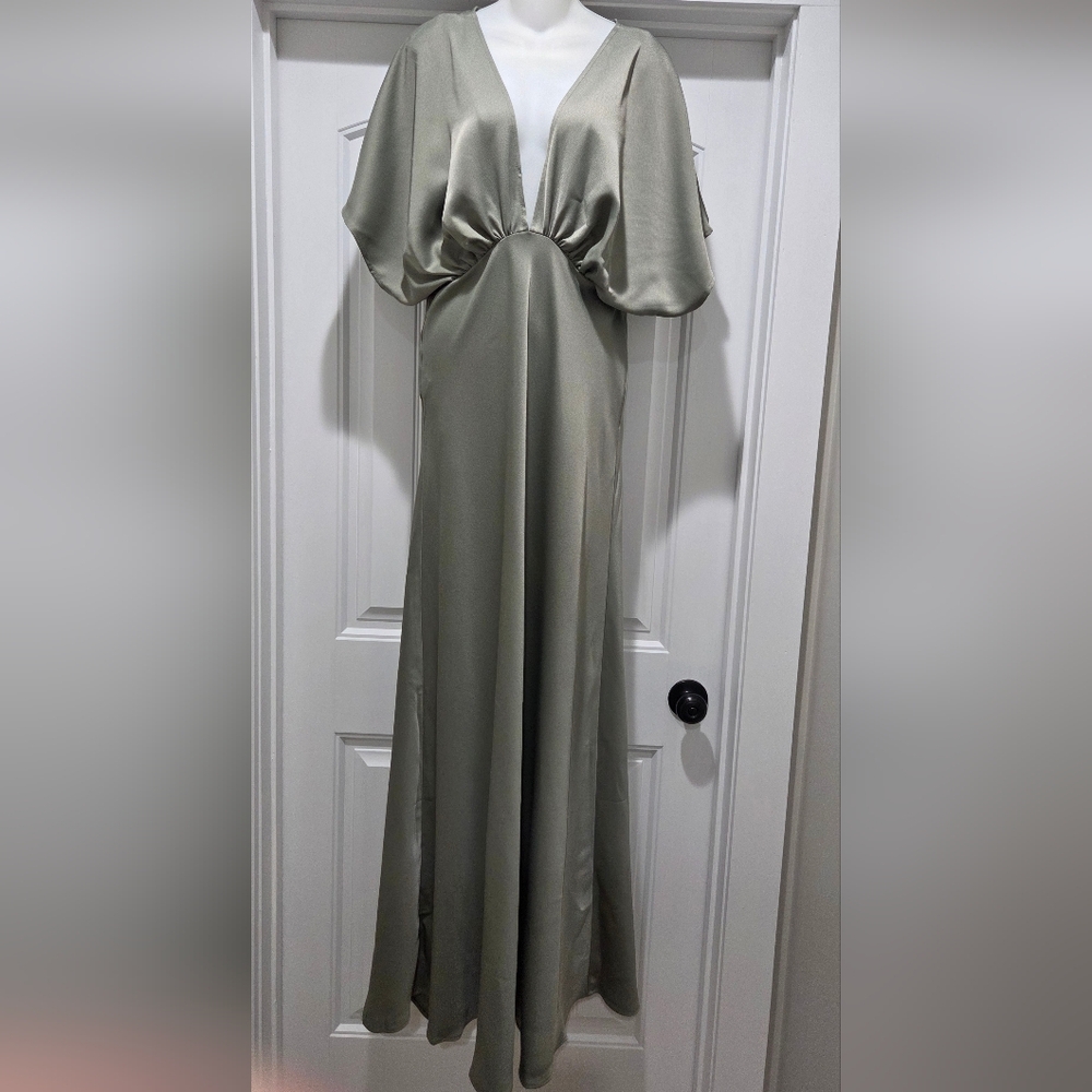 Anthropologie BHLDN Leila Deep-V Flutter Sleeve Gown Maxi Dress Meadow Mist 12